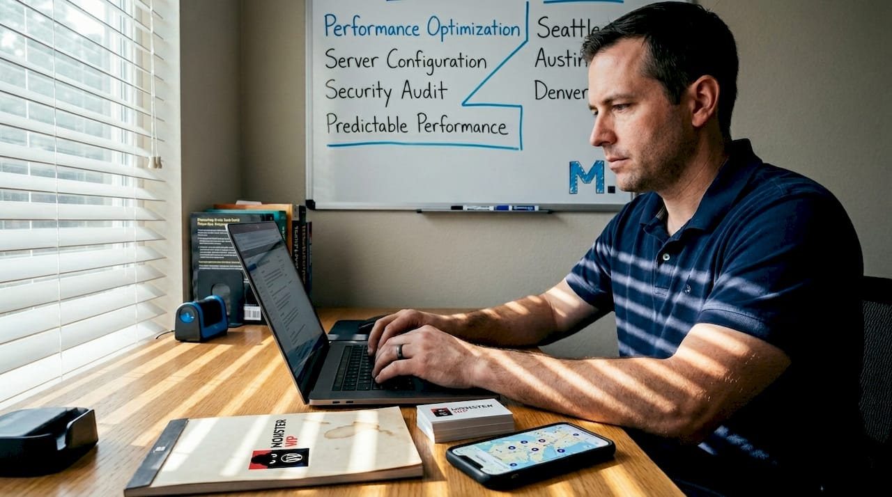 Contractor working on local SEO at home office desk