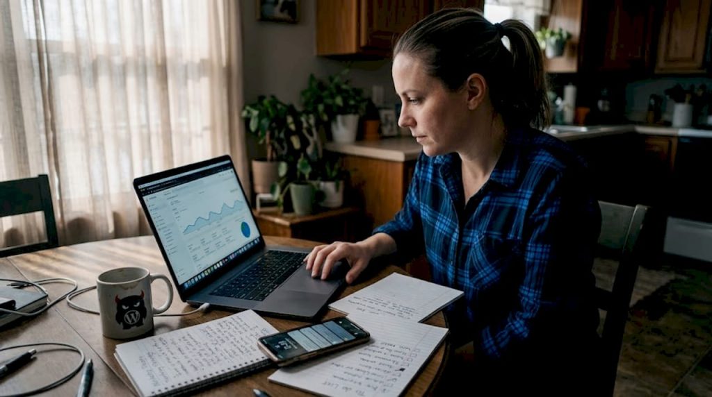 Small business owner at kitchen table working digitally