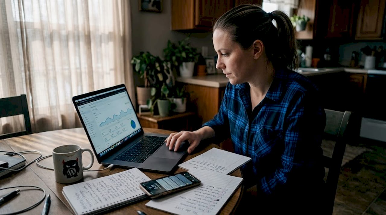 Small business owner at kitchen table working digitally