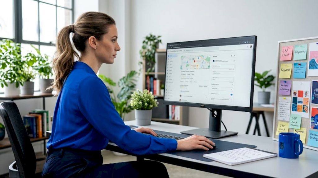 Marketer updating Google Business Profile in office