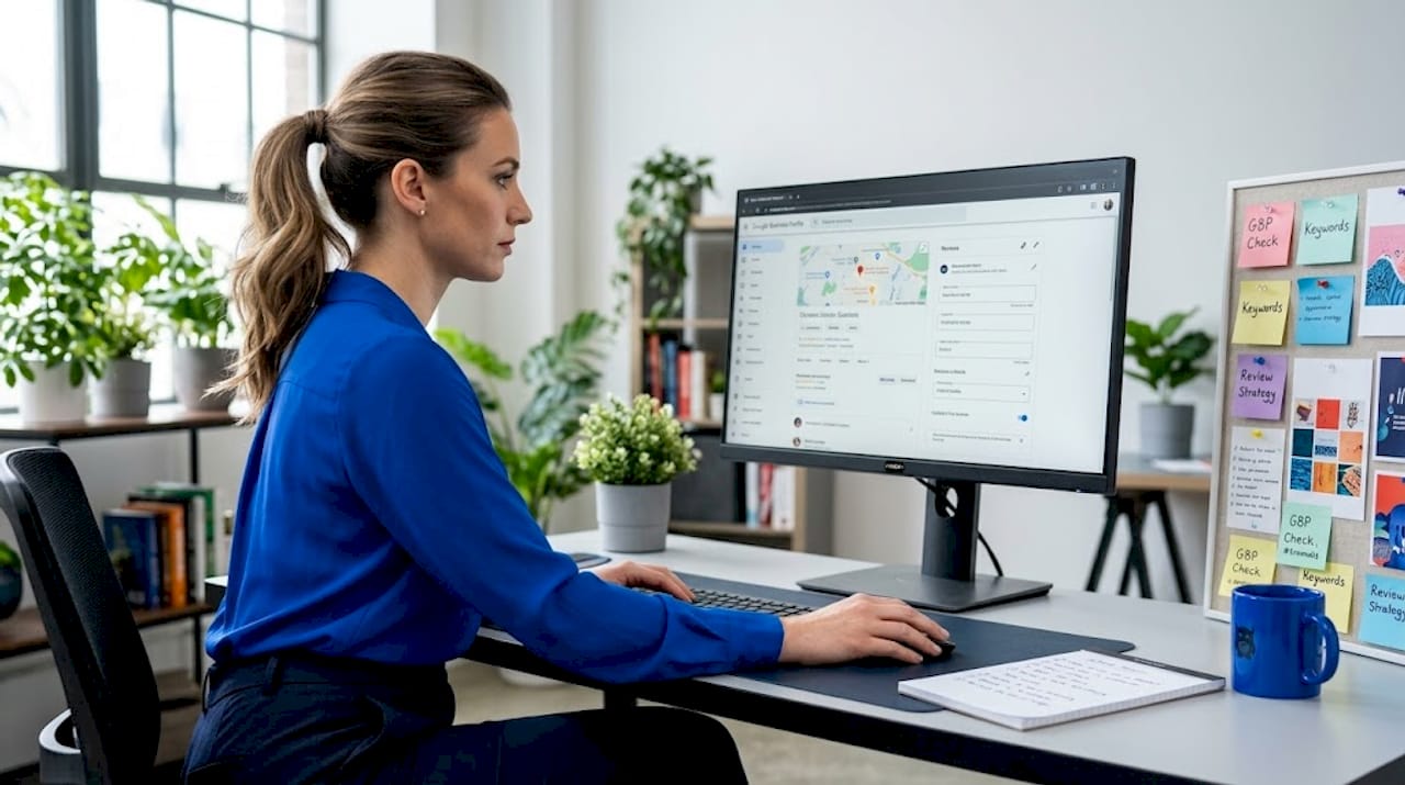 Marketer updating Google Business Profile in office