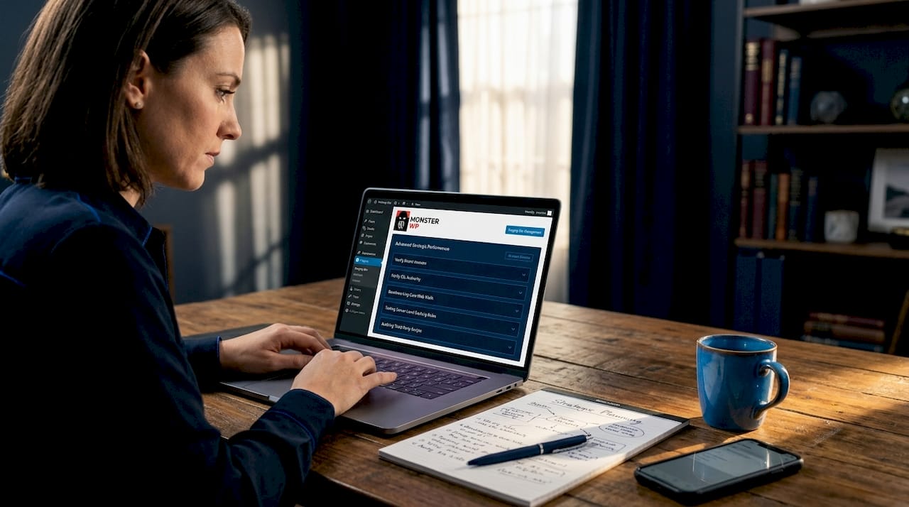 Business owner updating website in kitchen workspace
