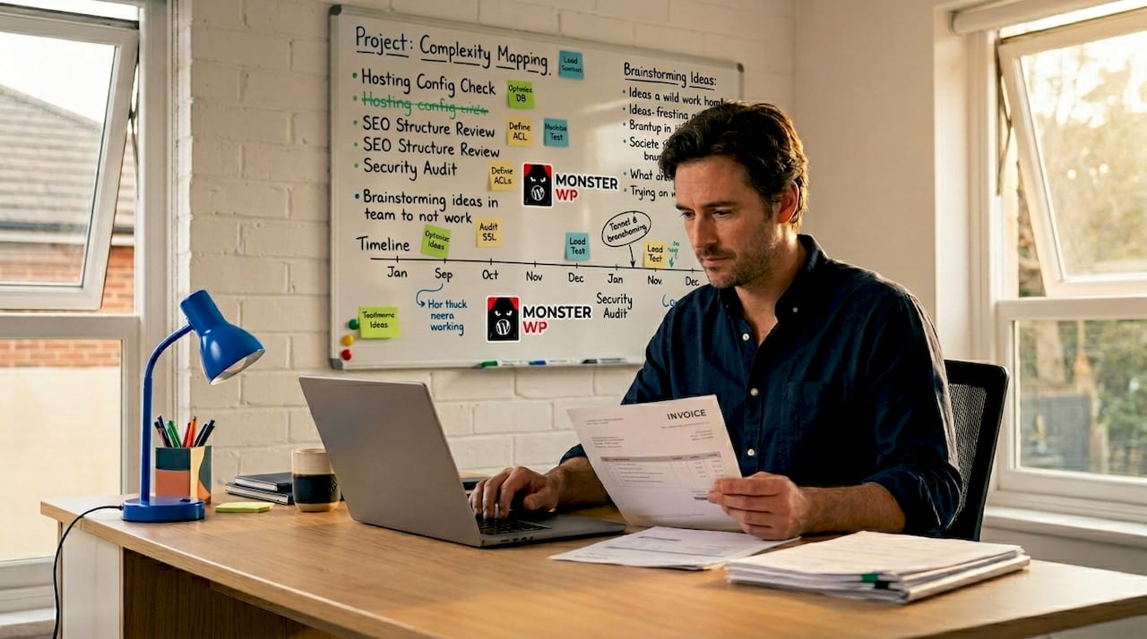 Business owner reviewing web service invoice