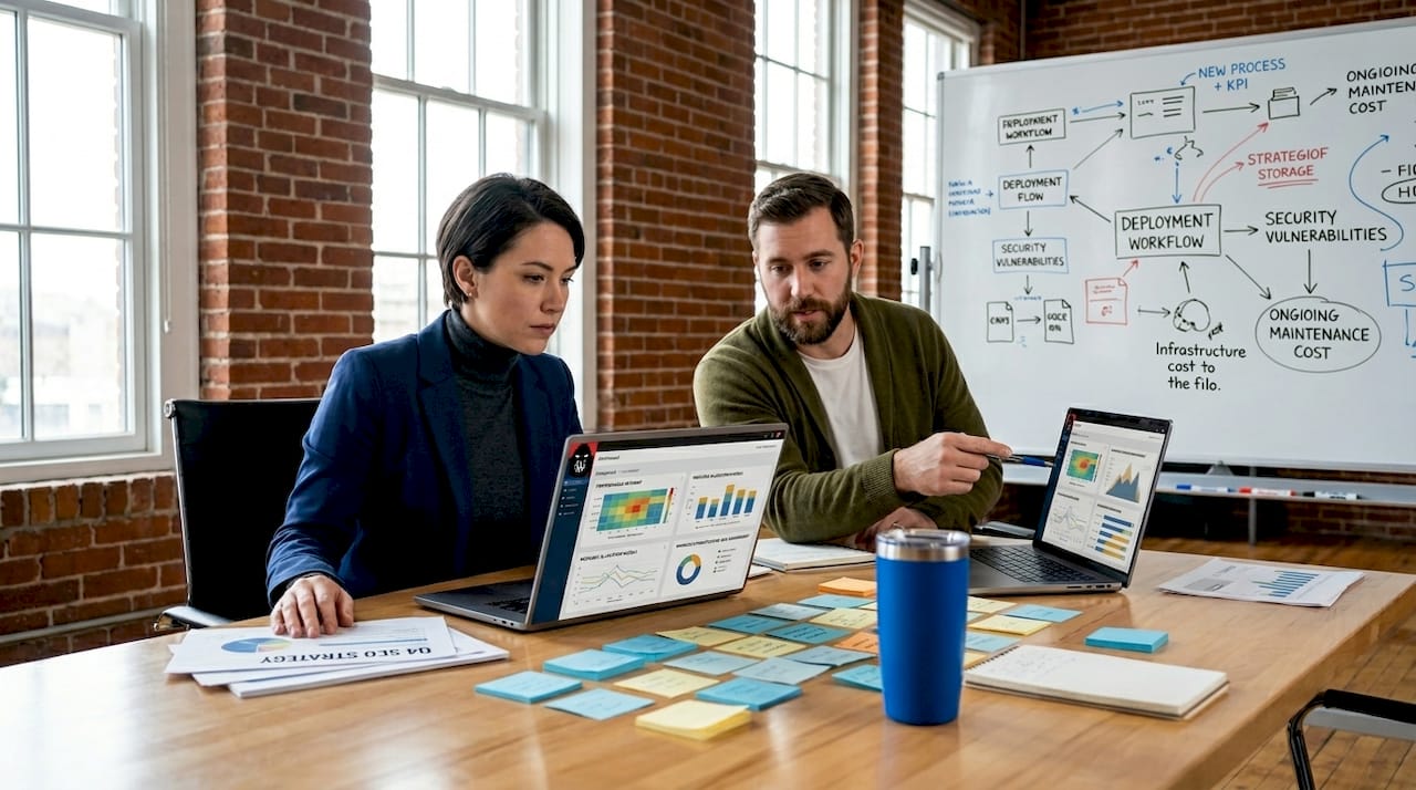 Consultants reviewing digital strategy at office table