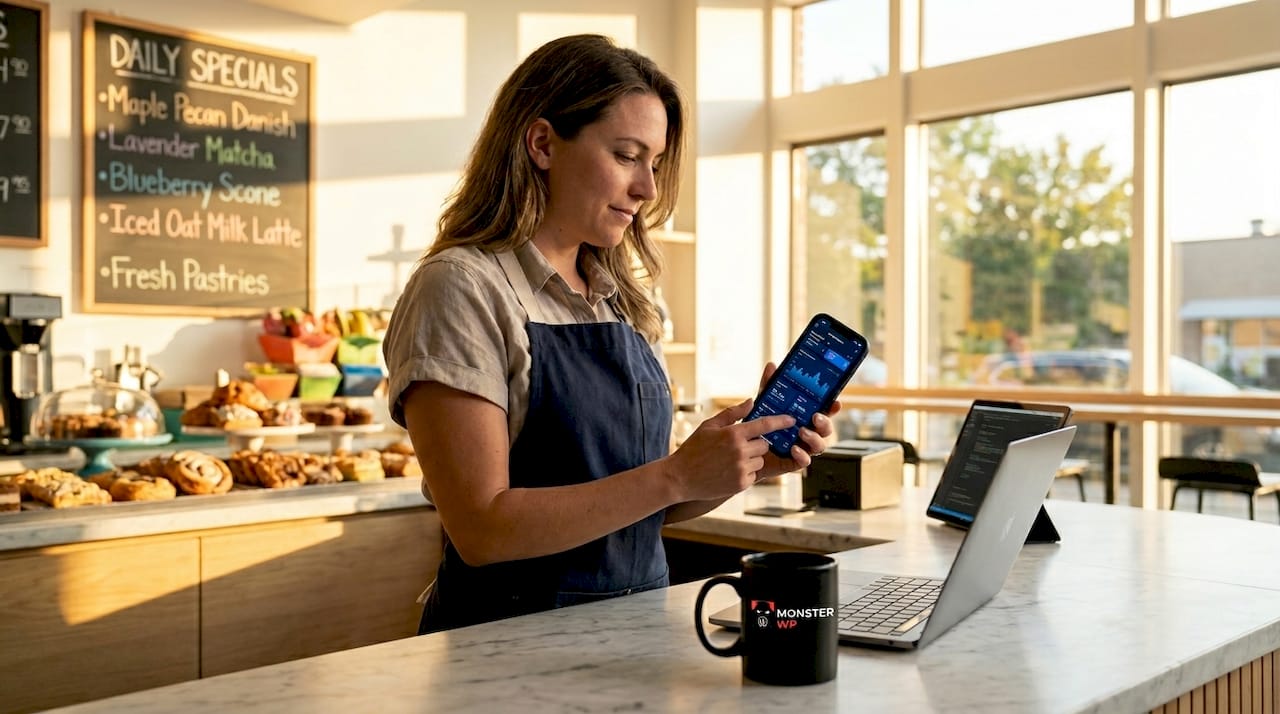 Bakery owner checking website on phone