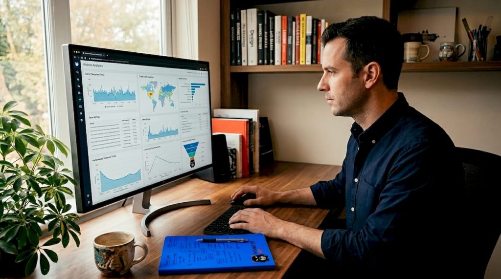 Small business owner reviewing SEO audit at home desk