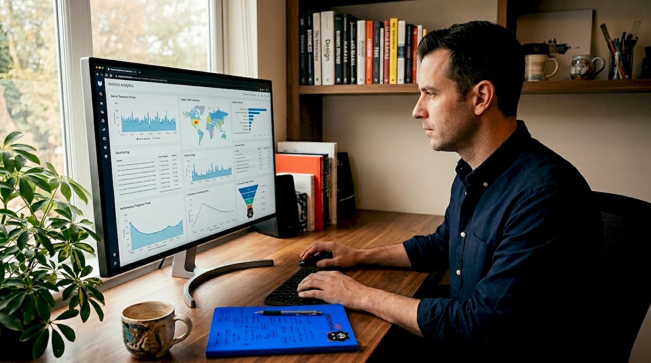 Small business owner reviewing SEO audit at home desk