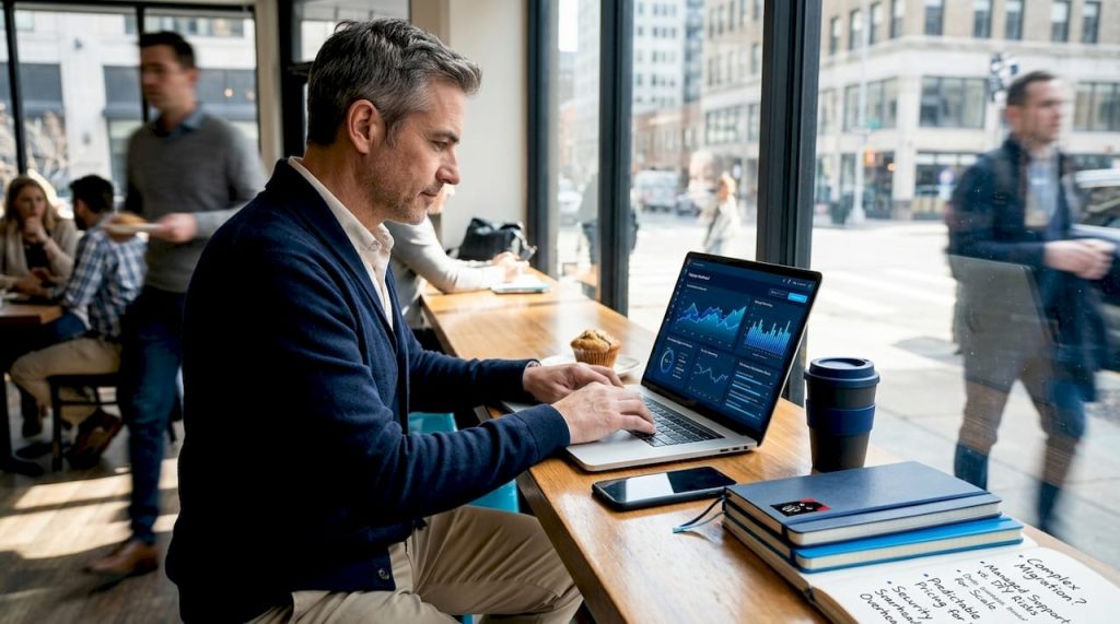 Business owner checking website analytics at coworking space