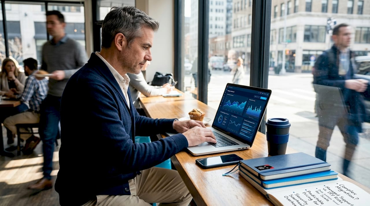 Business owner checking website analytics at coworking space
