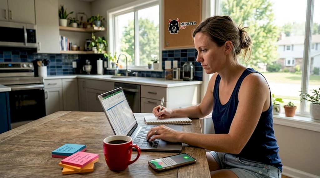 Business owner manages social media at home