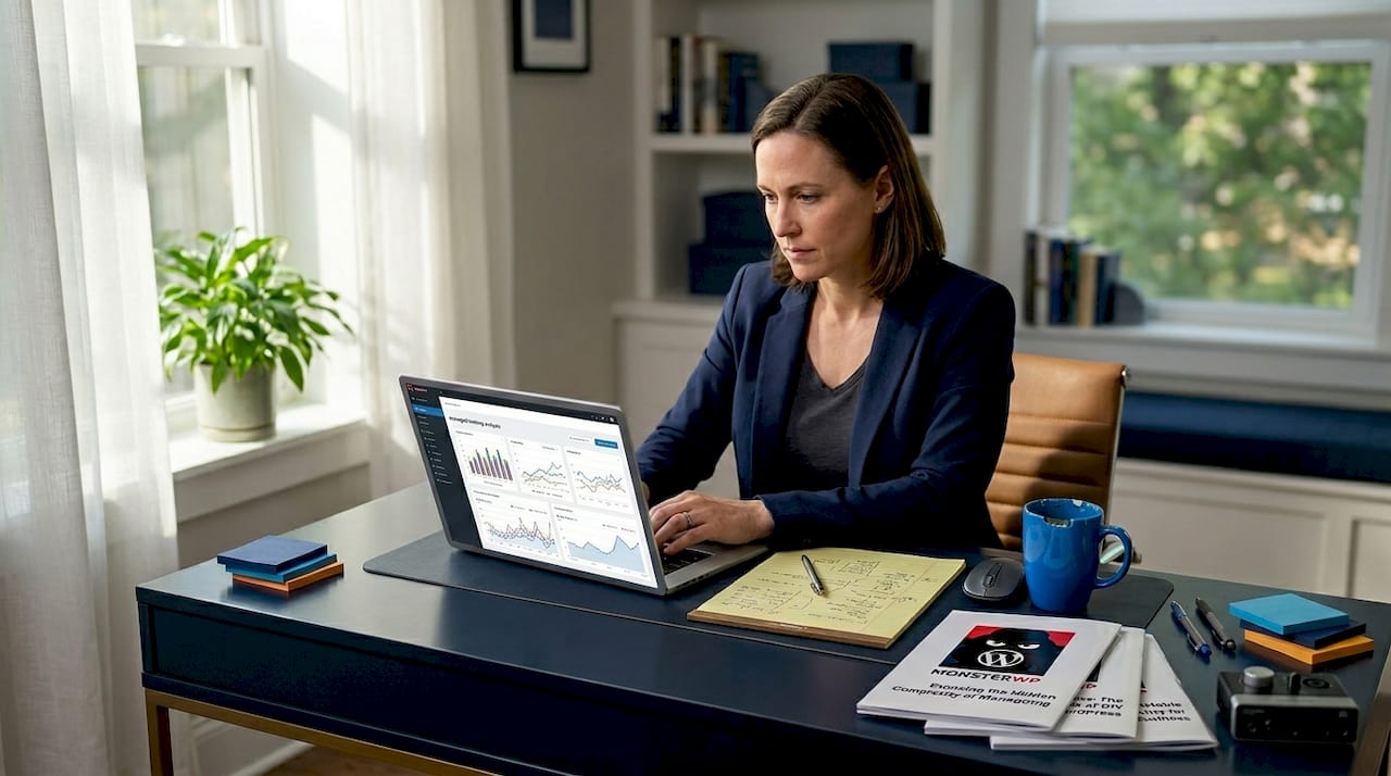 Business owner comparing website hosting at desk