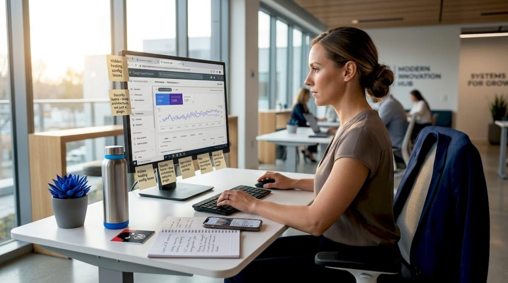 Marketer reviews website content and analytics