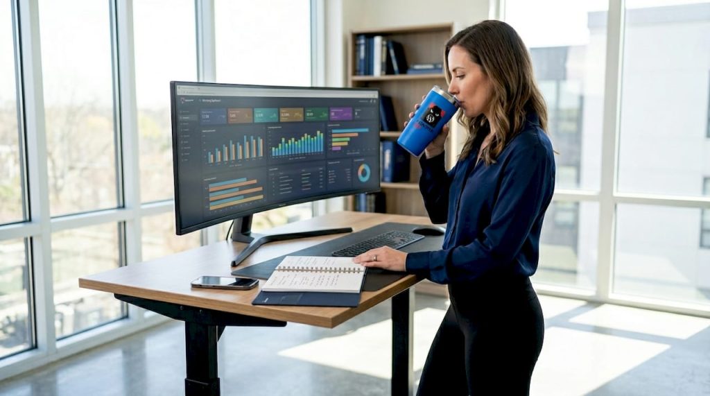 Marketer reviewing KPI dashboard in home office