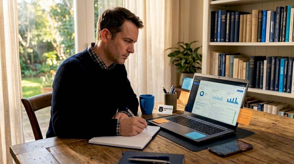 Business owner reviewing website performance at desk