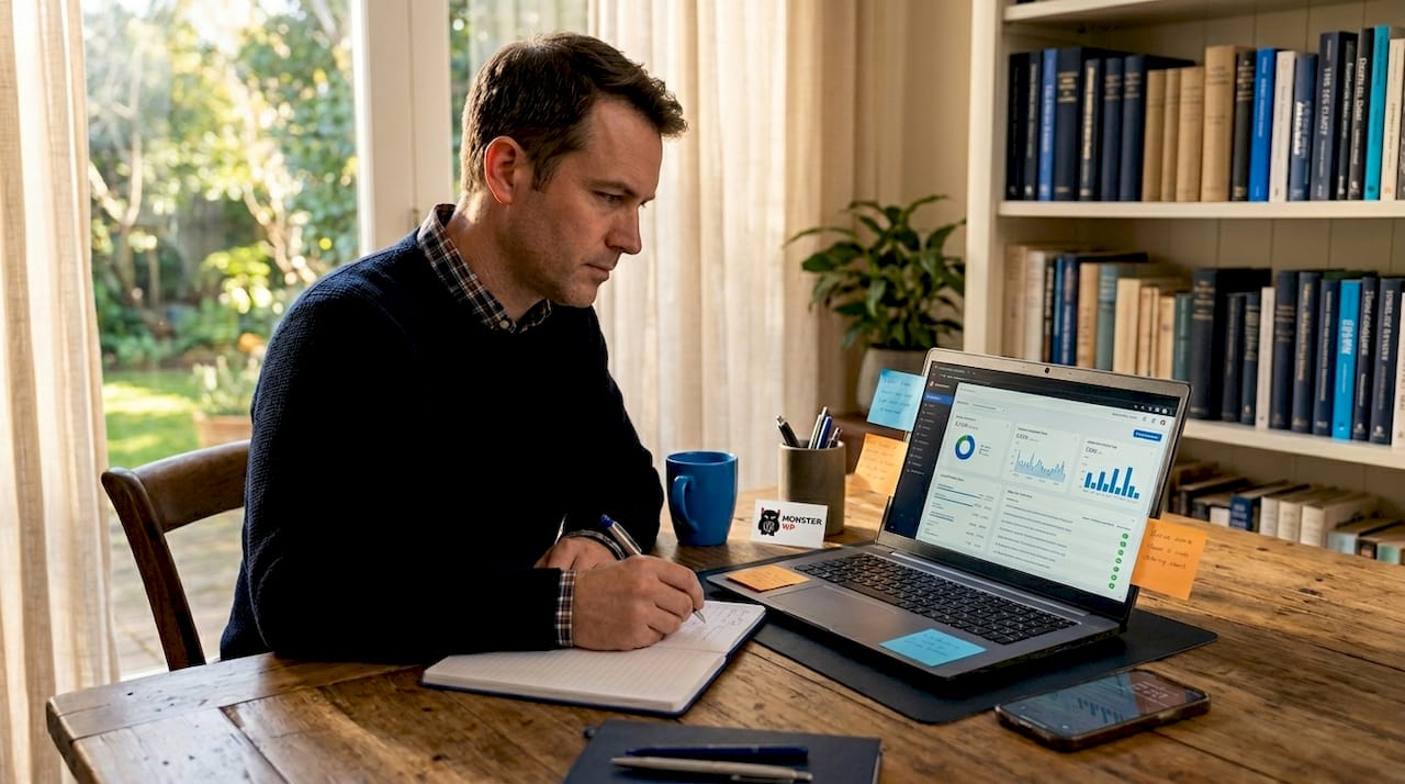 Business owner reviewing website performance at desk