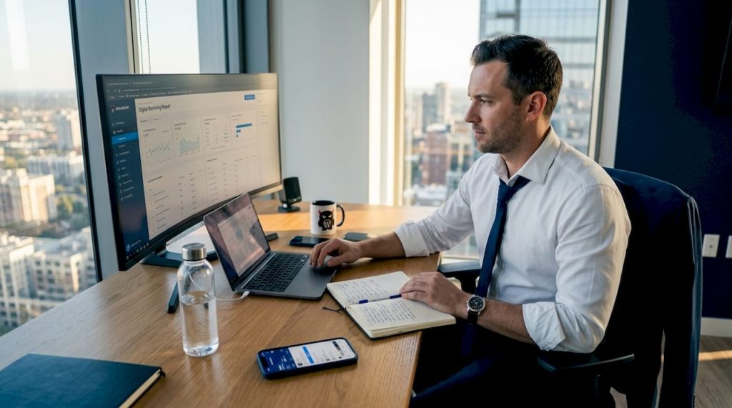 Business strategist analyzing marketing report