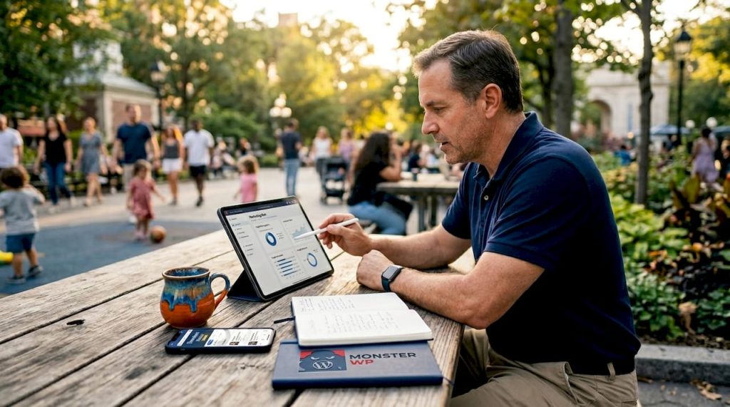 Local business owner planning marketing strategy in café