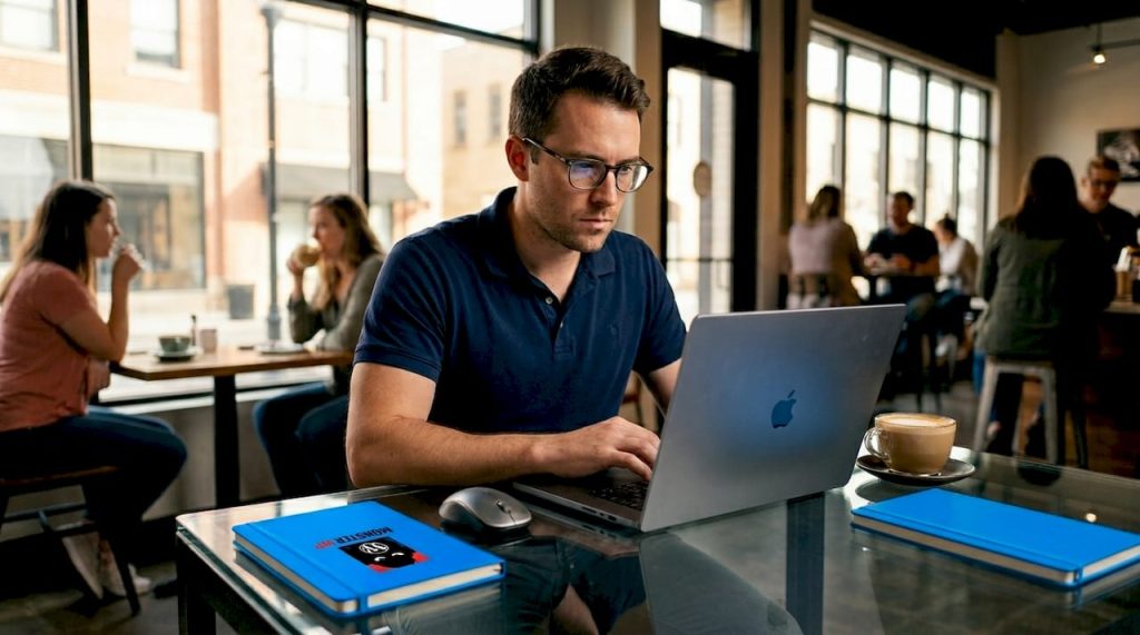 Marketer analyzing SEO reports in home office