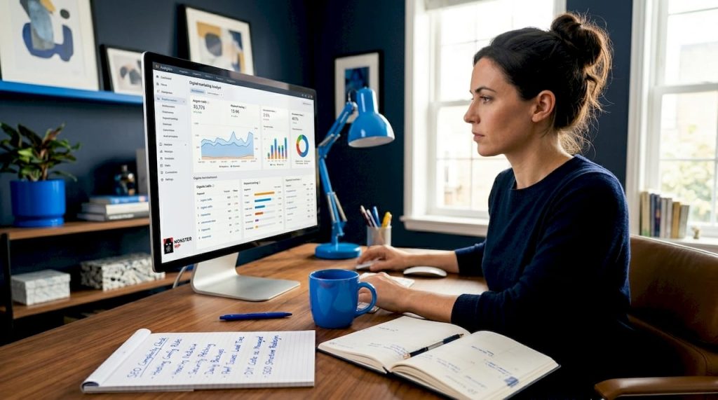Marketing analyst reviewing digital engine data