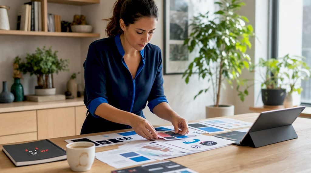 Marketing manager arranging branding materials