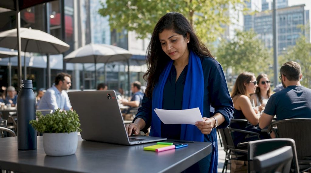 Woman working on laptop with SEO documents
