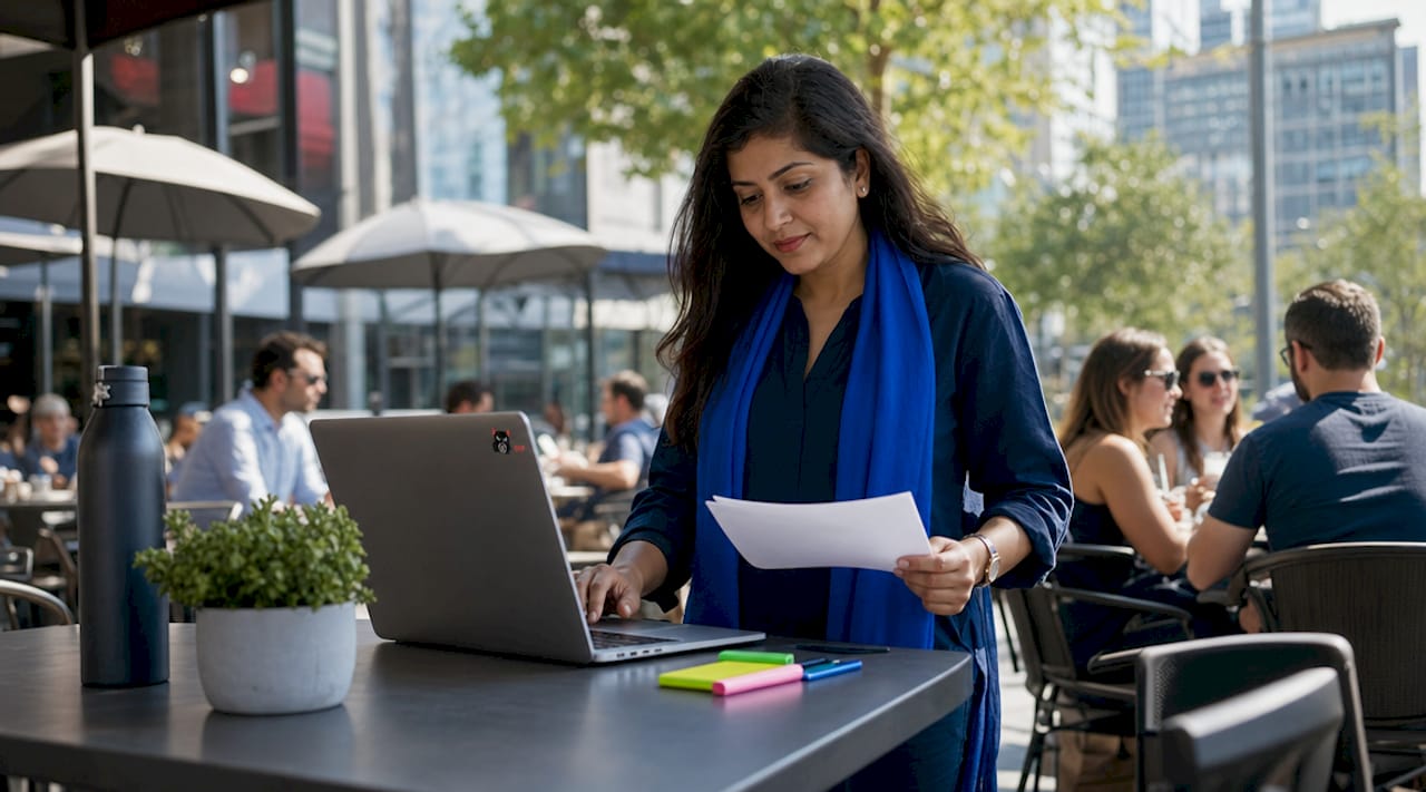 Woman working on laptop with SEO documents